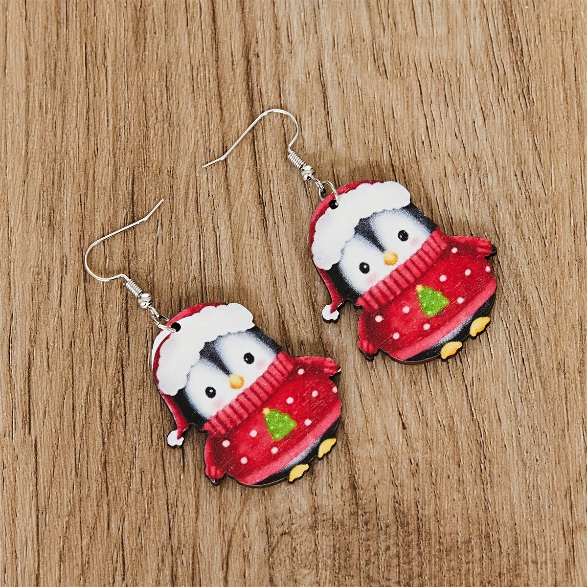 Green & Red Penguins Dangle Earrings Set Boho Style Wooden Jewelry